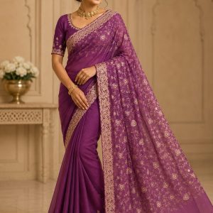 Dark Onion Thread Golden Work Saree
