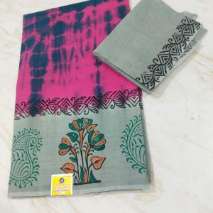 Pink and grey cotton saree