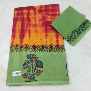 Orange Light Green Cotton Saree