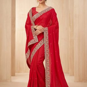 Party wear work saree red colour