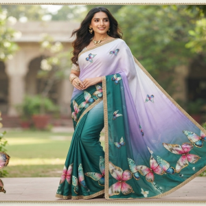 Lavender Teal Butterfly Saree