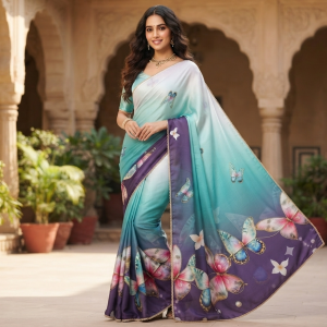 Aqua Purple Butterfly Saree