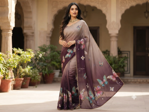Plum Brown Butterfly Saree