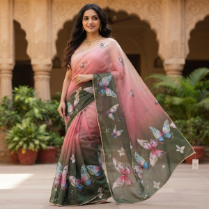 Pink Green Butterfly Saree