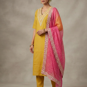 Mustard Kurti Set Pink Dupatta