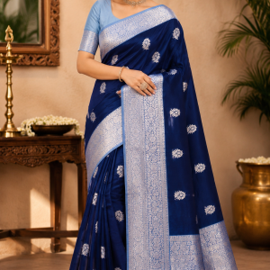 Navy Silver Border Saree