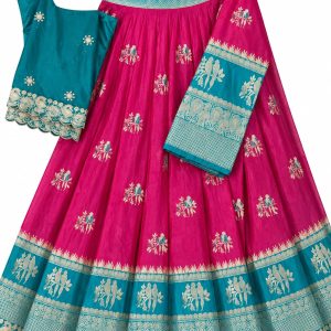 Pink Teal Border Lehenga