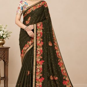 Olive Green Floral Saree