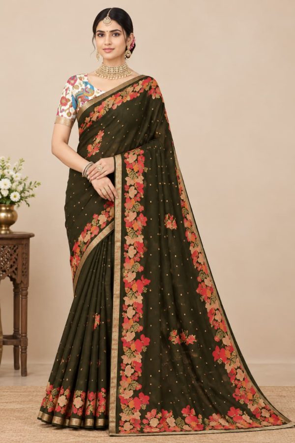 Olive Green Floral Saree