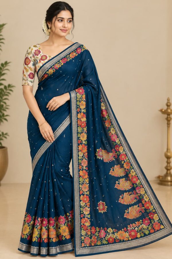 Navy Blue Floral Saree